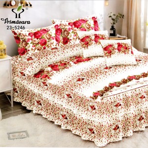 Lenjerie Premium Pat Dublu  FINET, 6 Piese – Volănașe Sofisticate, Fixare Perfectă cu Elastic, Crem, Rosu, flori