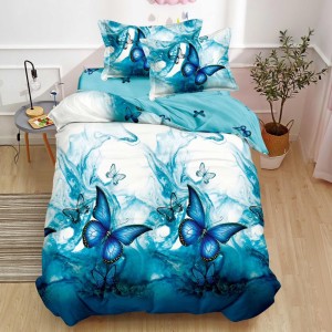 Lenjerie pat 1 PERSOANA, FINET, 4 piese, Alb, Albastru, fluturi