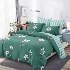 Lenjerie pat dublu,  FINET, cu elastic, 6 piese, Verde, Flori