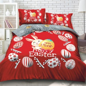 Lenjerie de Pat Dublu,  Finet, Imprimeu Digital, 4 Piese, Roșu, Gri, Alb, Iepuraș, Oua, Happy Easter