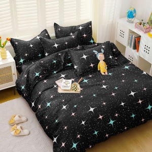 Lenjerie pat dublu cu doua feţe, bumbac satinat, 4 piese,  Negru, stelute