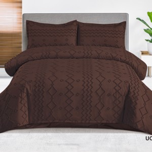 Lenjerie de Pat Premium, Bumbac Finet, Smocuri Brodate, 4 Piese, Nesifonabilă și Durabilă, Zig-Zag, Maro