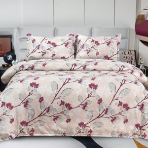 Lenjerie pat dublu, bumbac satinat,  Cearșaf cu ELASTIC 180x200cm, 4 PIESE, Rozaliu, Crenguțe cu Flori