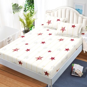 Cearsaf cu elastic, Bumbac FINET, 160x200cm, 2 fete de perne 50x70cm, Crem, Roșu, Stelute