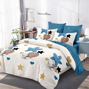 Lenjerie pat dublu,  FINET, cu elastic, 6 piese, Crem, Bleu, Fluturi, Flori, Inimioare