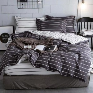 Lenjerie pat dublu, bumbac satinat,  cu elastic, alb, gri, dungi