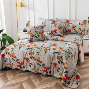 Cuvertură Pat Dublu, Bumbac Matlasat, 230x250 cm, 2 fete de perna 60x80cm, 2 fete de perna 55x55cm, Gri, Frunze