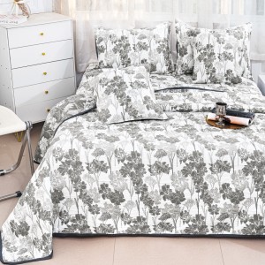 Cuvertură Pat Dublu, Bumbac cu In, Model Brodat Direct în Tesătură, 230x250 cm, 2 fete de perna 52x72cm, 2 fete de perna 46x46cm, Alb, Gri, Flori