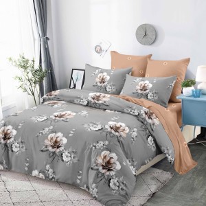 Lenjerie pat dublu,  FINET, cu elastic, 6 piese, Gri, Bej, Flori