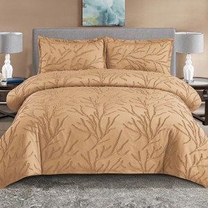 Lenjerie de Pat Premium, Bumbac Finet, Smocuri Brodate, 4 Piese, cu ELASTIC, Nesifonabilă și Durabilă, Tree, Bej inchis