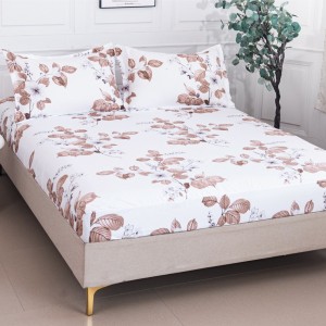 Cearșaf cu Elastic 180x200 cm + 2 Fețe de Pernă 50x70 cm, Alb, Flori cu Frunze Maro 