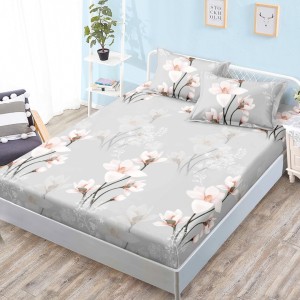 Cearsaf cu elastic, Bumbac FINET, 160x200cm, 2 fete de perne 50x70cm, Gri, Flori