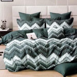 Lenjerie pat dublu, bumbac satinat, cu doua feţe, 4 piese, Petrol, Alb, Zig-Zag