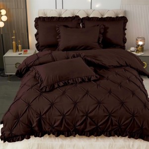 Lenjerie de Pat Premium, Bumbac Finet, Pliuri Brodate cu Volanase, 4 Piese, Nesifonabilă și Durabilă, Maro
