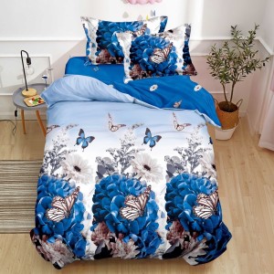 Lenjerie pat 1 PERSOANA, FINET, 4 piese, Alb, Albastru, fluturi, flori