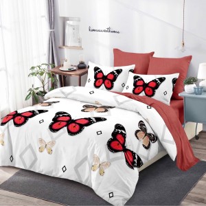 Lenjerie pat dublu,  FINET, cu elastic, 6 piese, Alb, Roșu, Fluturi
