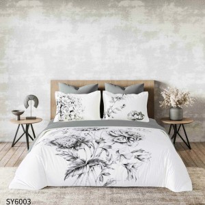 Lenjerie pat dublu,  FINET, Imprimeu Digital, cu ELASTIC, Alb, Gri, Bujori, Flori