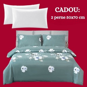 Lenjerie de Pat 4 Piese din Bumbac Satinat cu Cearșaf cu Elastic + 2 Perne Cadou 50x70 cm, cod INS-LSG506