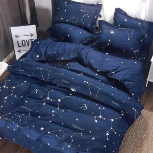 Lenjerie pat dublu, bumbac satinat, cu doua feţe, 4 piese,  Bleumarin, stele