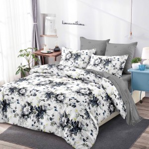 Lenjerie pat dublu,  FINET, cu elastic, 6 piese, Alb, Negru, Flori