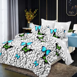 Lenjerie pat dublu,  FINET, cu elastic, 6 piese, Gri, Fluturi pe Pietre