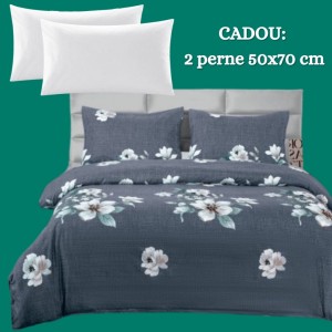 Lenjerie de Pat 4 Piese din Bumbac Satinat cu Cearșaf cu Elastic + 2 Perne Cadou 50x70 cm, cod INS-LSG153