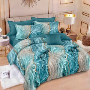 Lenjerie pat dublu,  FINET, 6 piese, Albastru Aqua, valuri abstracte, perle