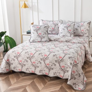 Cuvertură Pat Dublu, Bumbac Matlasat, 230x250 cm, 2 fete de perna 60x80cm, 2 fete de perna 55x55cm, Gri, Crenguțe cu Flori Roz