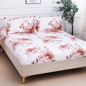 Cearșaf cu Elastic 180x200 cm + 2 Fețe de Pernă 50x70 cm, Crem, Flori Tomnatice