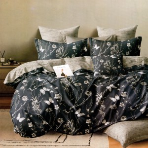 Lenjerie pat dublu, bumbac satinat, cu doua feţe, 4 piese, Bleumarin, Gri, Flori