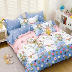 Lenjerie pat dublu, bumbac satinat,  cu elastic, bleu, ursuleti