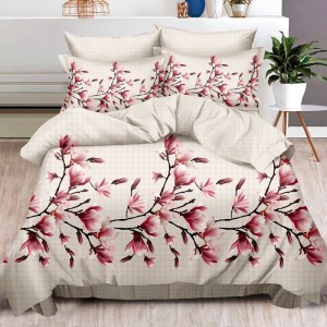 Lenjerie pat dublu,  FINET, 6 piese, cu ELASTIC, Bej, magnolii