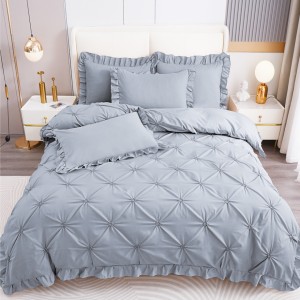 Lenjerie de Pat Premium, Bumbac Finet, Pliuri Brodate cu Volanase, 4 Piese, Nesifonabilă și Durabilă, Gri