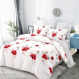 Lenjerie pat dublu,  FINET, cu elastic, 6 piese, Alb, Rosu, Flori