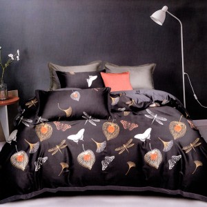 Lenjerie pat dublu, bumbac satinat, cu doua feţe, 4 piese, Bleumarin, Fluturi, Libelule, Frunze