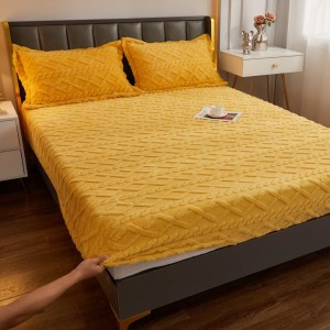 Cearșaf cu Elastic Cocolino, Model 3D Tricotat, 180x200x25 cm – Set cu 2 Fețe de Pernă, Gros și Pufos, Galben