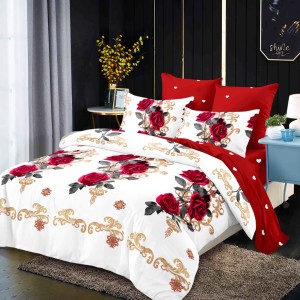 Lenjerie pat dublu,  FINET, cu elastic, 6 piese, Alb, Rosu, Flori