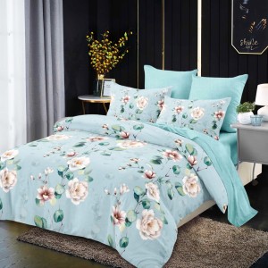 Lenjerie pat dublu,  FINET, cu elastic, 6 piese, Bleu, Flori