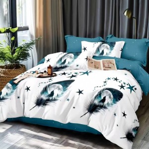 Lenjerie Pat Dublu,  FINET, 6 piese, Alb, Bleu, Pene, Steluțe