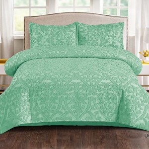 Lenjerie de Pat Premium, Bumbac Finet, Smocuri Brodate, 4 Piese, Nesifonabilă și Durabilă, Royal, Menta