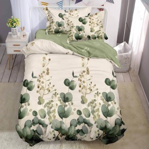 Lenjerie pat 1 PERSOANA,  FINET, 4 piese, cu ELASTIC, Crem, flori