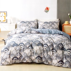 Lenjerie pat dublu, bumbac satinat, cu doua feţe, 4 piese, Alb, Albastru, Scoici