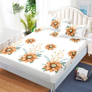 Cearsaf cu elastic, Bumbac FINET, 160x200cm, 2 fete de perne 50x70cm, Alb, Maro, Flori