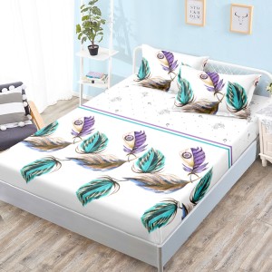 Cearsaf cu elastic, Bumbac FINET, 160x200cm, 2 fete de perne 50x70cm, Alb, Pene Colorate