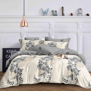 Lenjerie Pat Dublu,  FINET, 6 piese, Crem, Gri, flori