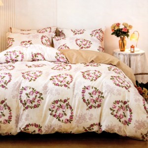 Lenjerie pat dublu, bumbac satinat, cu doua feţe, 4 piese, Crem, Coronițe de Trandafiri