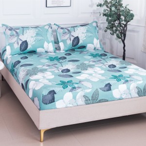 Cearșaf cu Elastic 180x200 cm + 2 Fețe de Pernă 50x70 cm, Bleu, Frunze Albe si Bleumarin