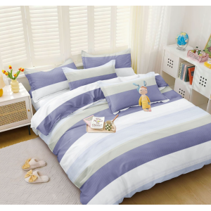 Lenjerie pat dublu, bumbac satinat,  cu elastic, Bleu, dungi