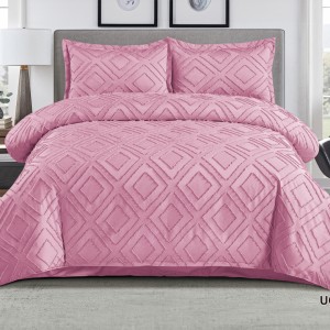 Lenjerie de Pat Premium, Bumbac Finet, Smocuri Brodate, 4 Piese, Nesifonabilă și Durabilă, Geometry, Roz