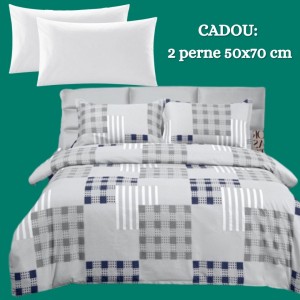 Lenjerie de Pat 4 Piese din Bumbac Satinat cu Cearșaf cu Elastic + 2 Perne Cadou 50x70 cm, cod INS-LSG167